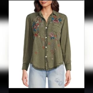 NWT Karyn Seo Athena Chambray Doodle Embroidered Long Sleeve Button Front Shirt